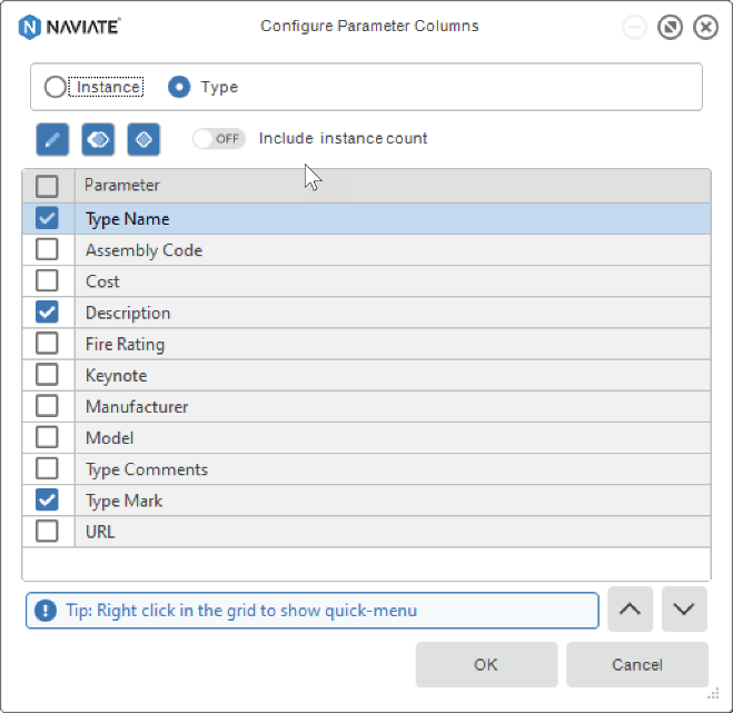 Naviate Configure Parameter Comlumns