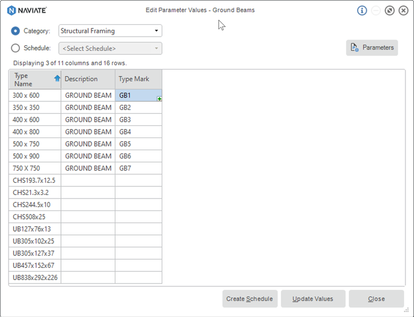 Naviate - Edit Parameter Values - Ground Beams